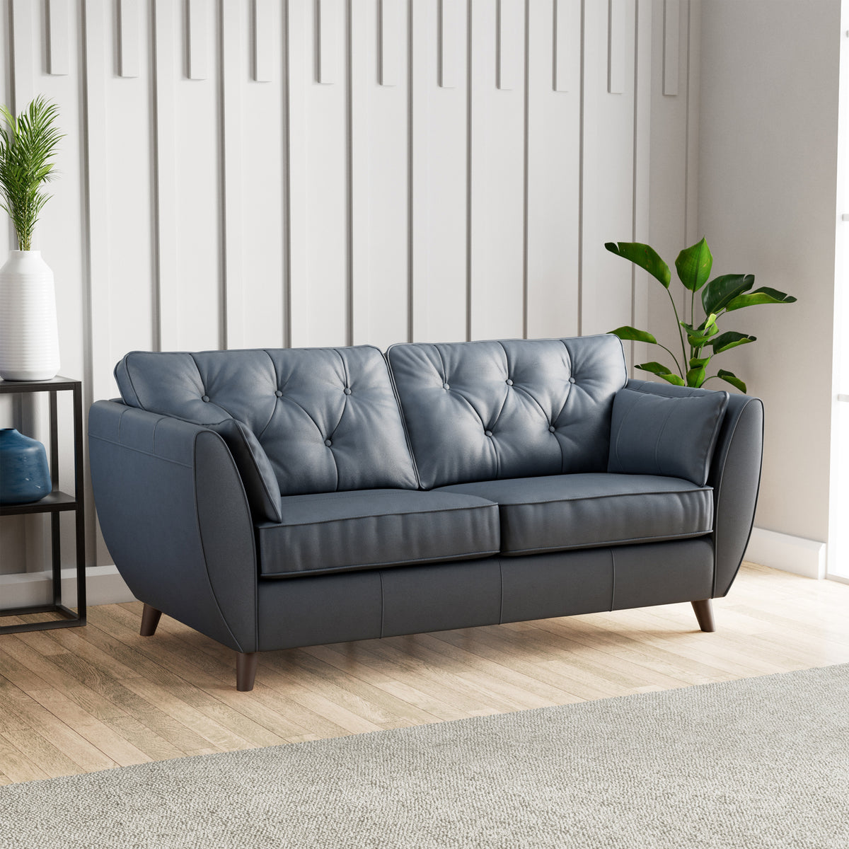 Edison Leather 3 Seater Sofa Dark Feet Navy Blue Dims from Roseland Furniture