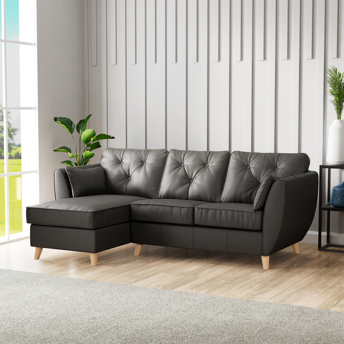 Edison Leather Chaise LH Light Feet Raven from Roseland Furniture