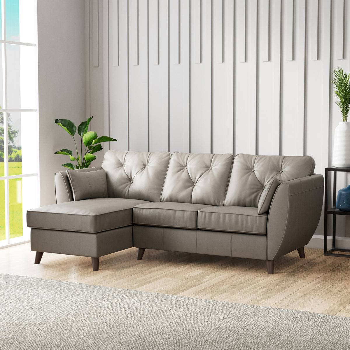 Edison Leather Chaise LH Dark Feet Stone Grey from Roseland Furniture
