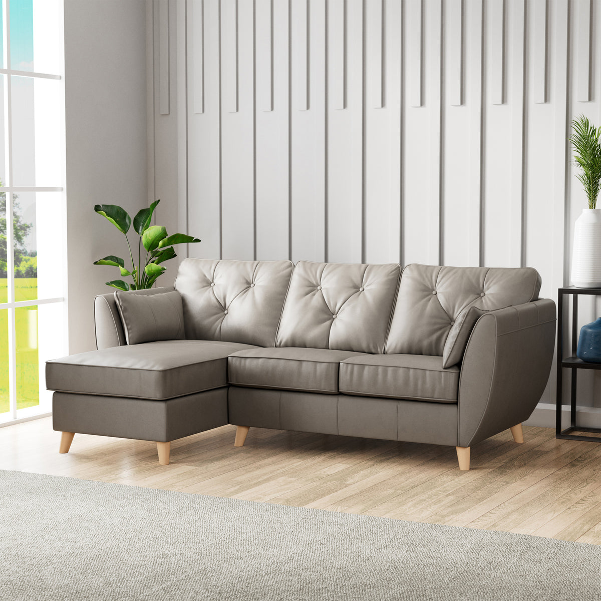 Edison Leather Chaise LH Light Feet Stone Grey from Roseland Furniture