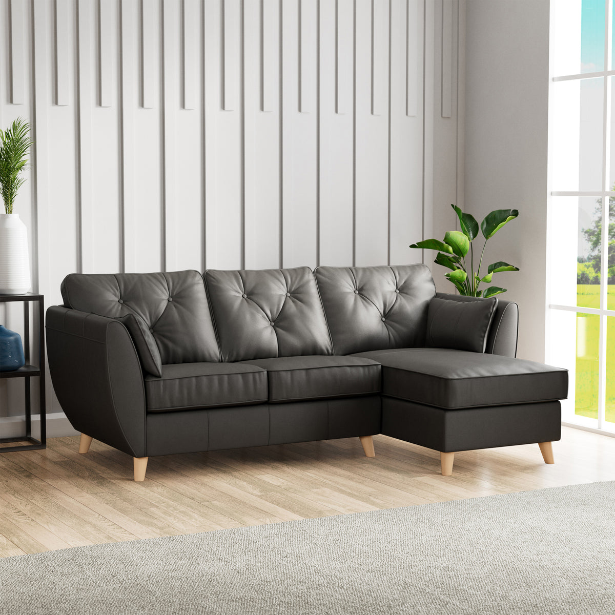 Edison Leather Chaise RH Light Feet Raven from Roseland Furniture