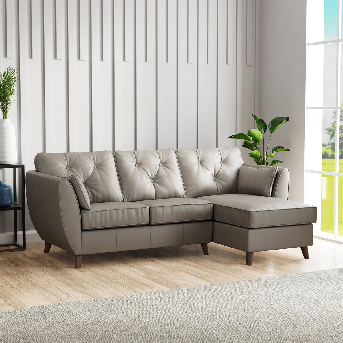 Edison Leather Chaise RH Dark Feet Stone Grey from Roseland Furniture