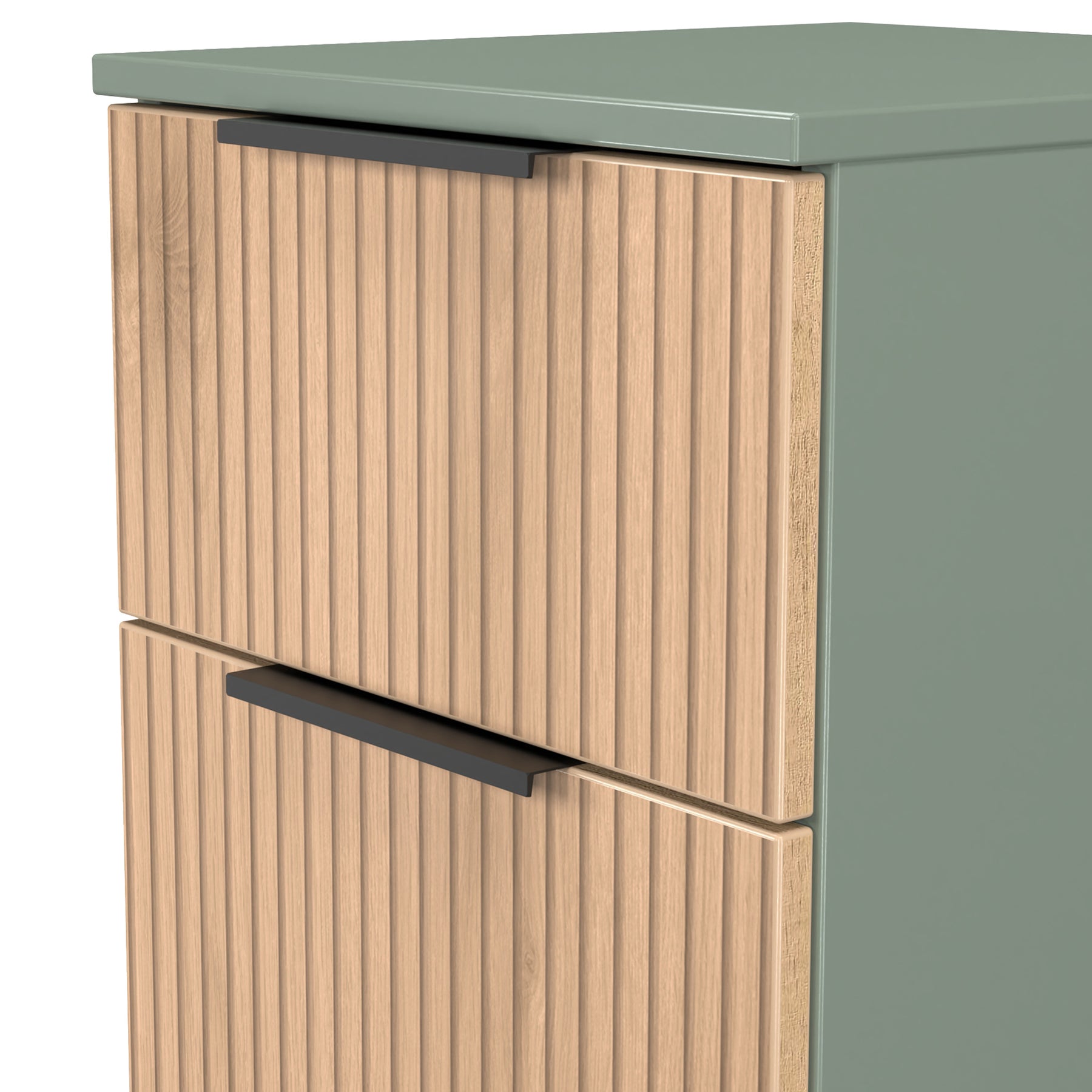 Jago-slatted-effect-3-drawer-bedside-green from Roseland Furniture