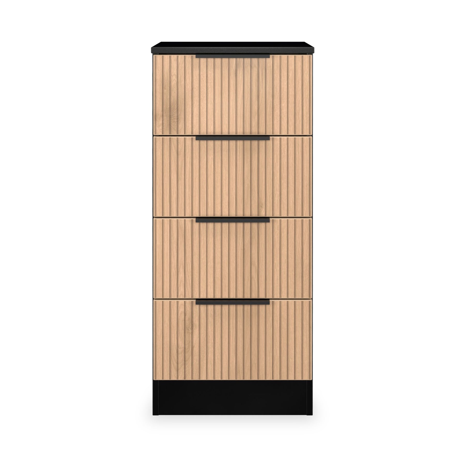 Jago-slatted-effect-4-drawer-bedside-black from Roseland Furniture