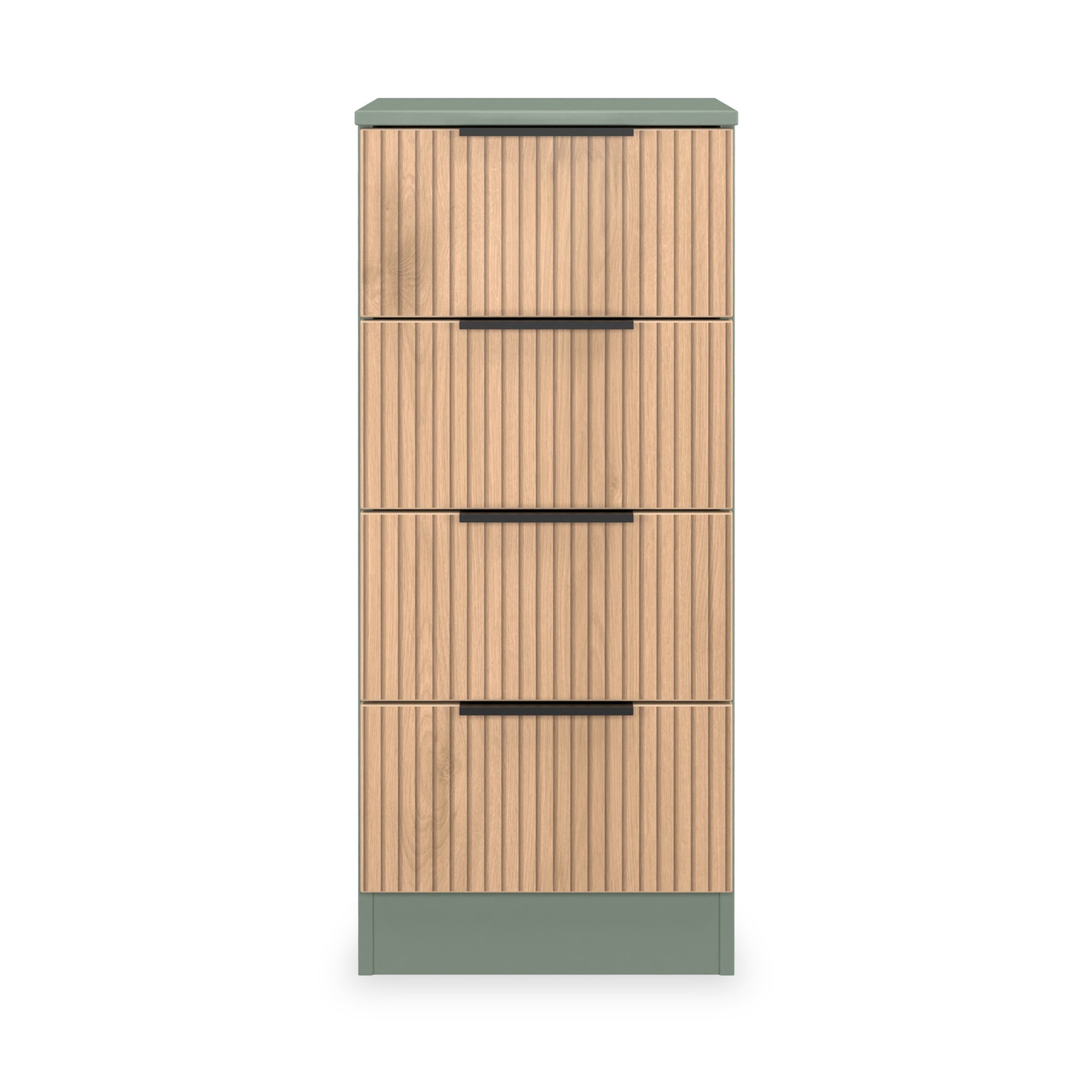 Jago-slatted-effect-4-drawer-bedside-green from Roseland Furniture