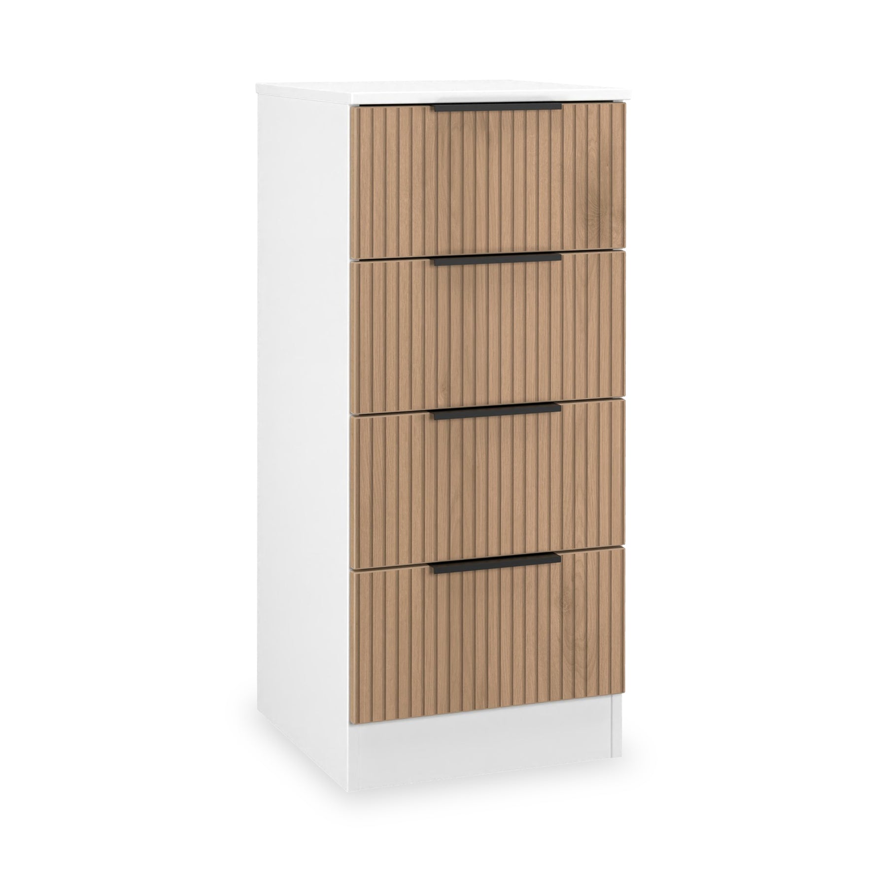 Jago-slatted-effect-4-drawer-bedside-white from Roseland Furniture