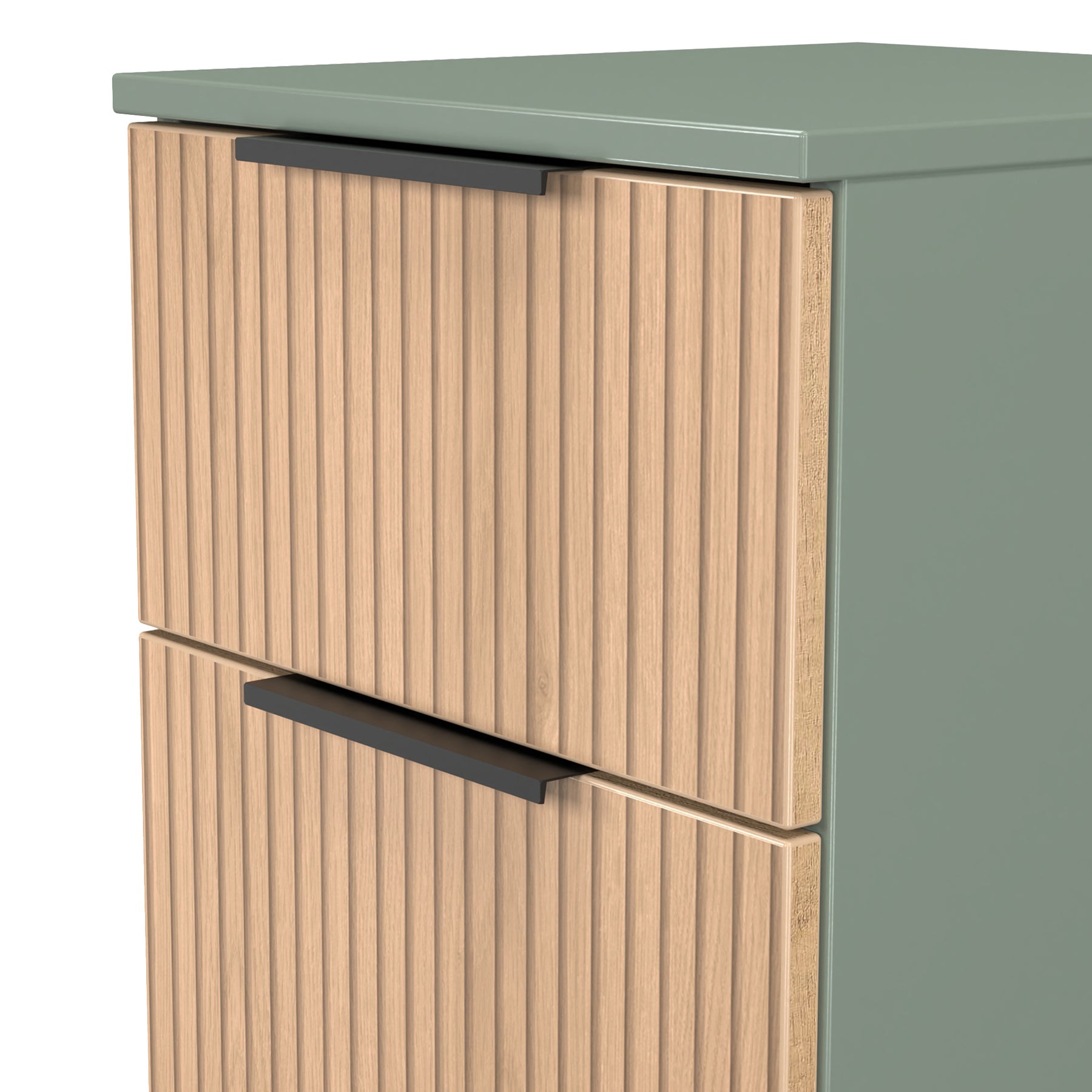 Jago-slatted-effect-2-drawer-bedside-green from Roseland Furniture