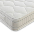 A thick, plush mattress with a quilted top and patterned sides sits isolated against a white background.