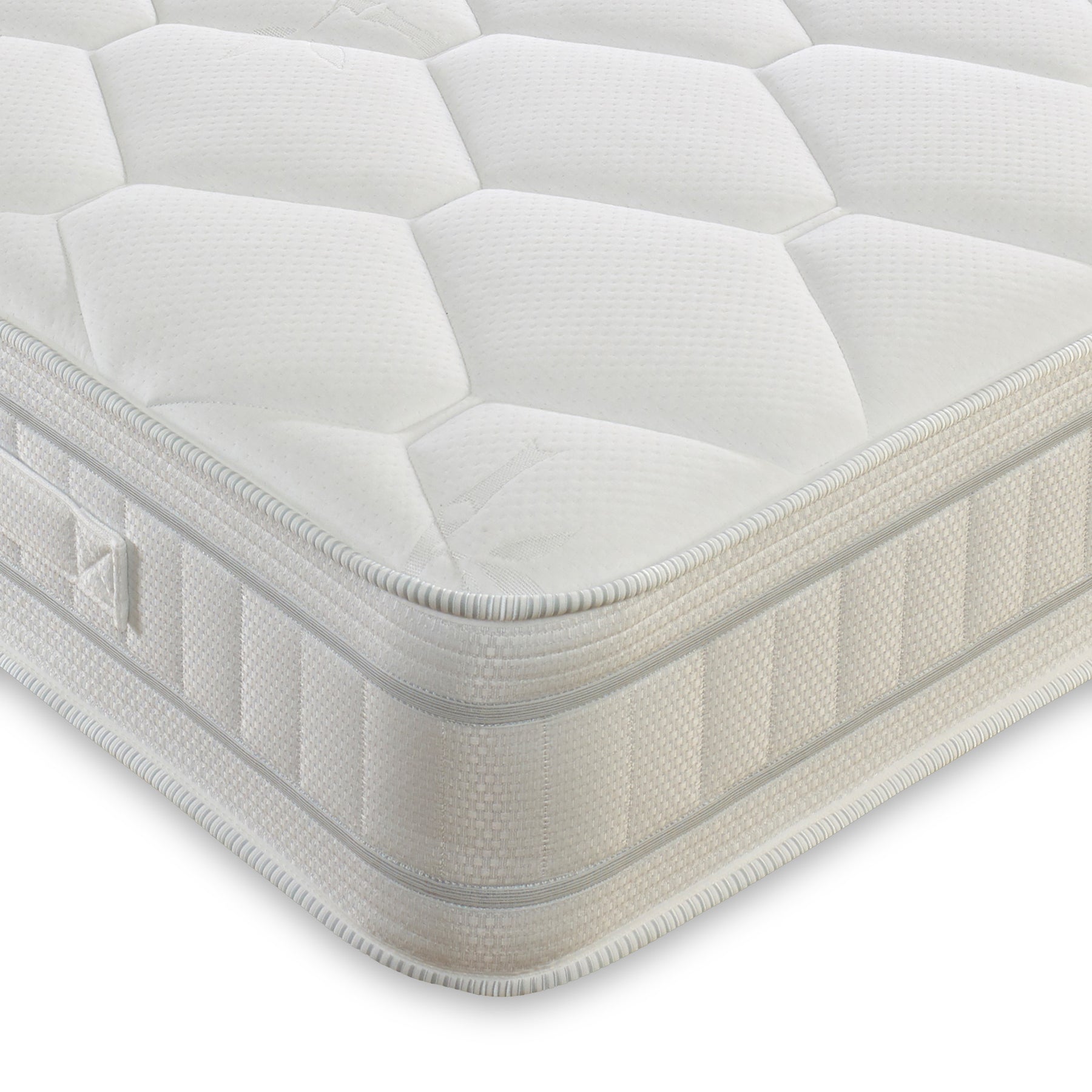 A thick, plush mattress with a quilted top and patterned sides sits isolated against a white background.