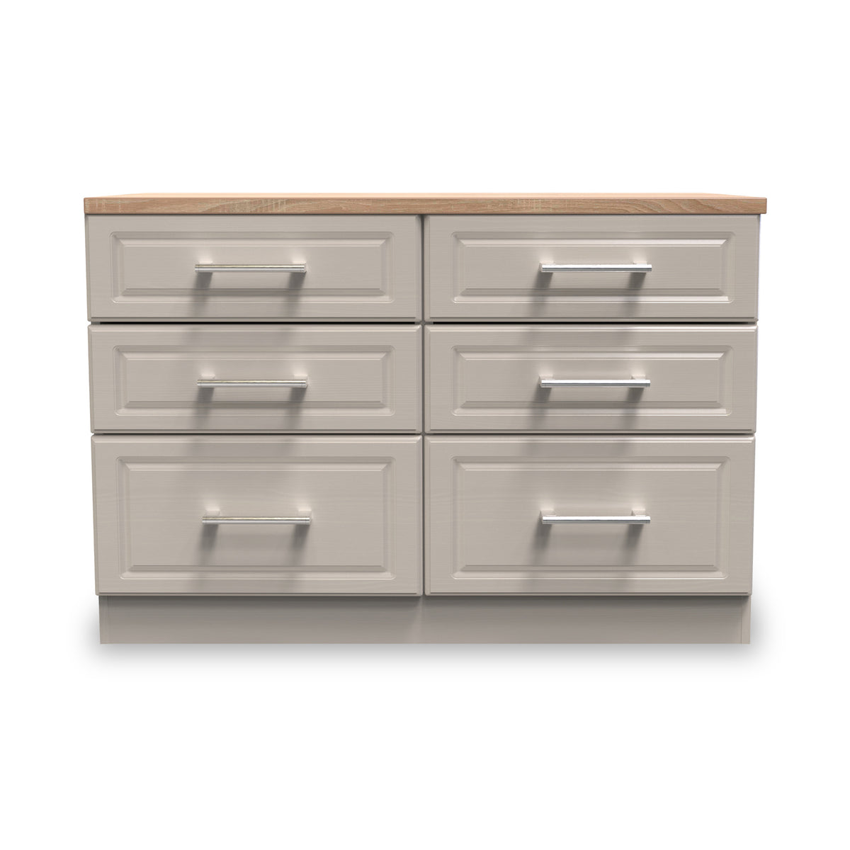 A wooden countertop rests on a grey six-drawer cabinet, isolated against a white background.