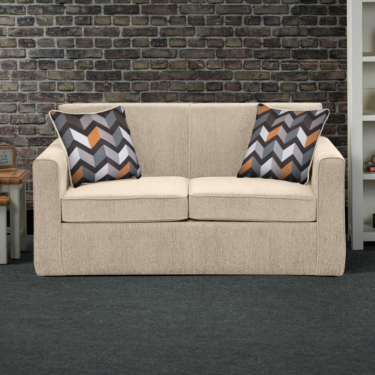 Bawtry Oatmeal Faux Linen 2 Seater Sofabed with Charcoal Scatter Cushions from Roseland Furniture
