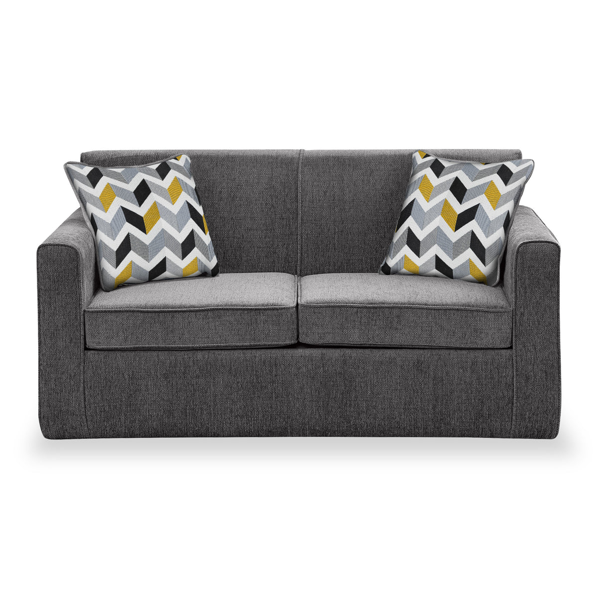 Welton Charcoal Soft Weave 2 Seater Sofa Bed with Morelisa Mustard Cushions