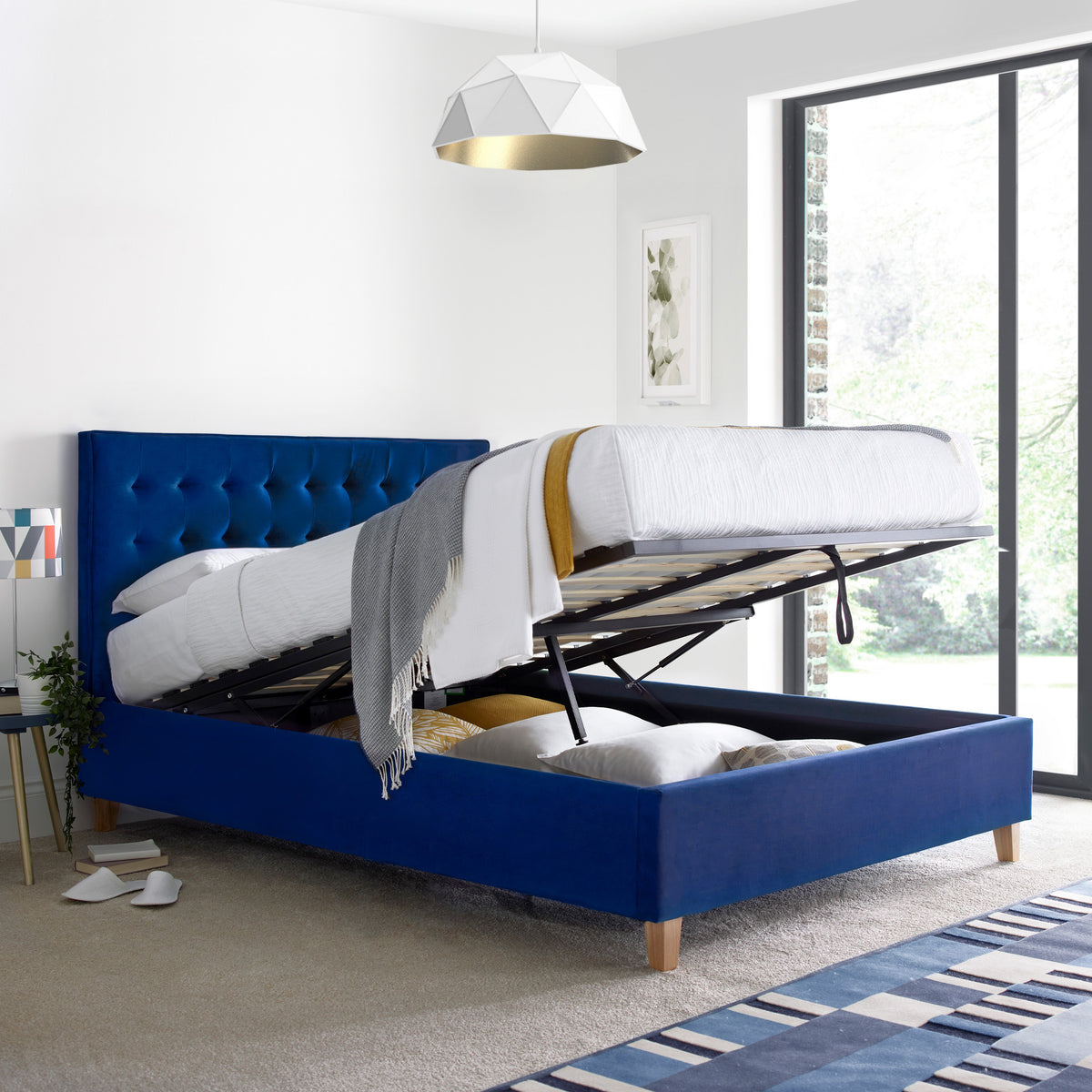 Kia Blue Velvet Ottoman Bed for bedroom