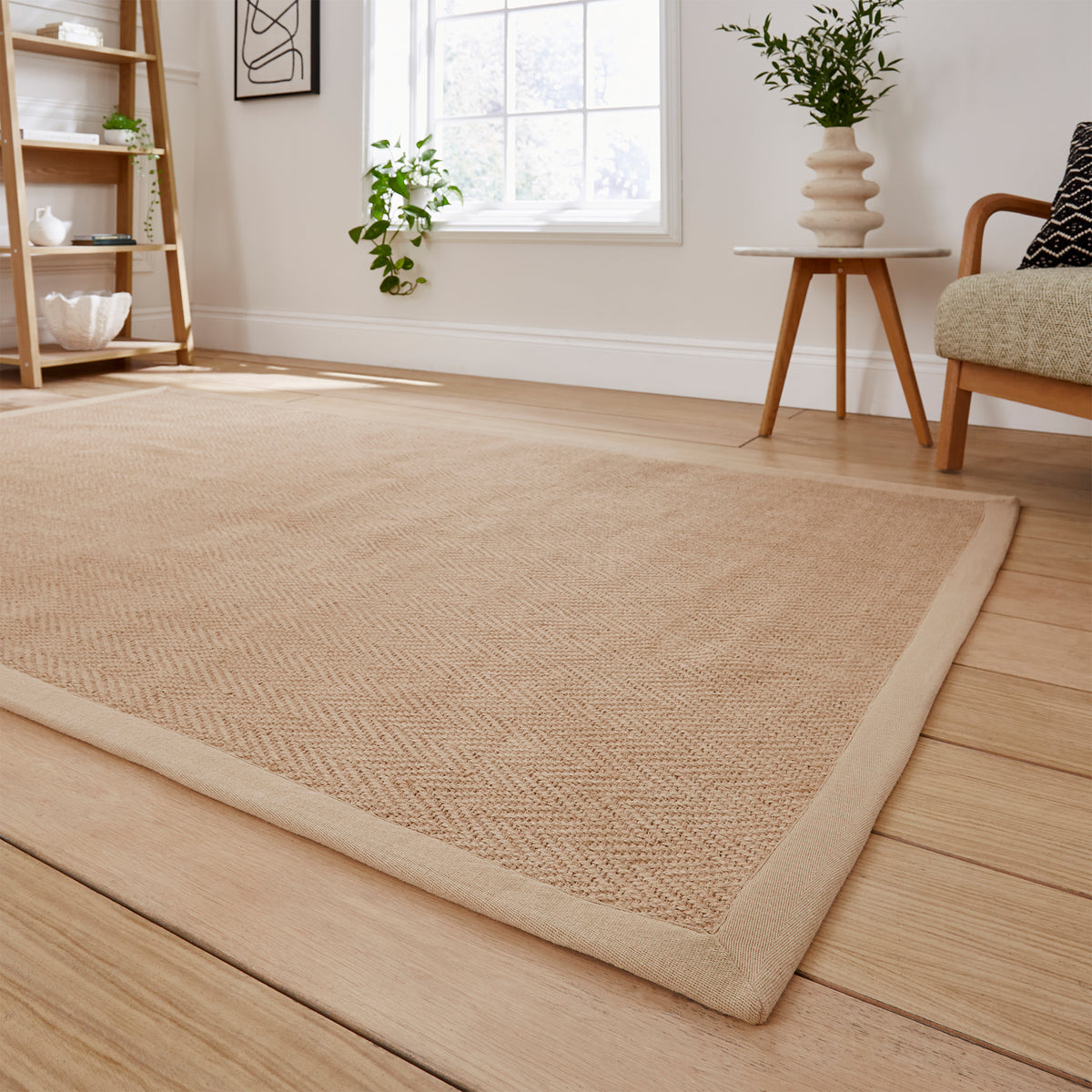 Ford Herringbone Jute Border Rug Beige from Roseland Furniture