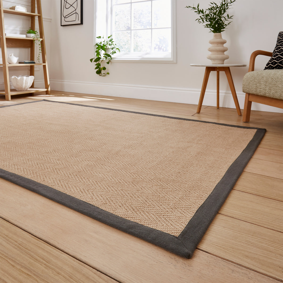 Ford Herringbone Jute Border Rug Charcoal from Roseland Furniture