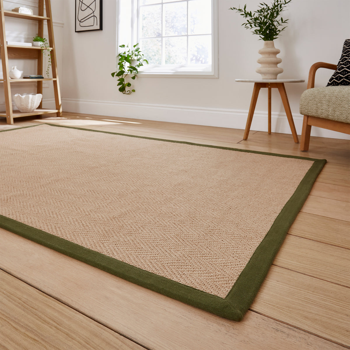 Ford Herringbone Jute Border Rug Green from Roseland Furniture