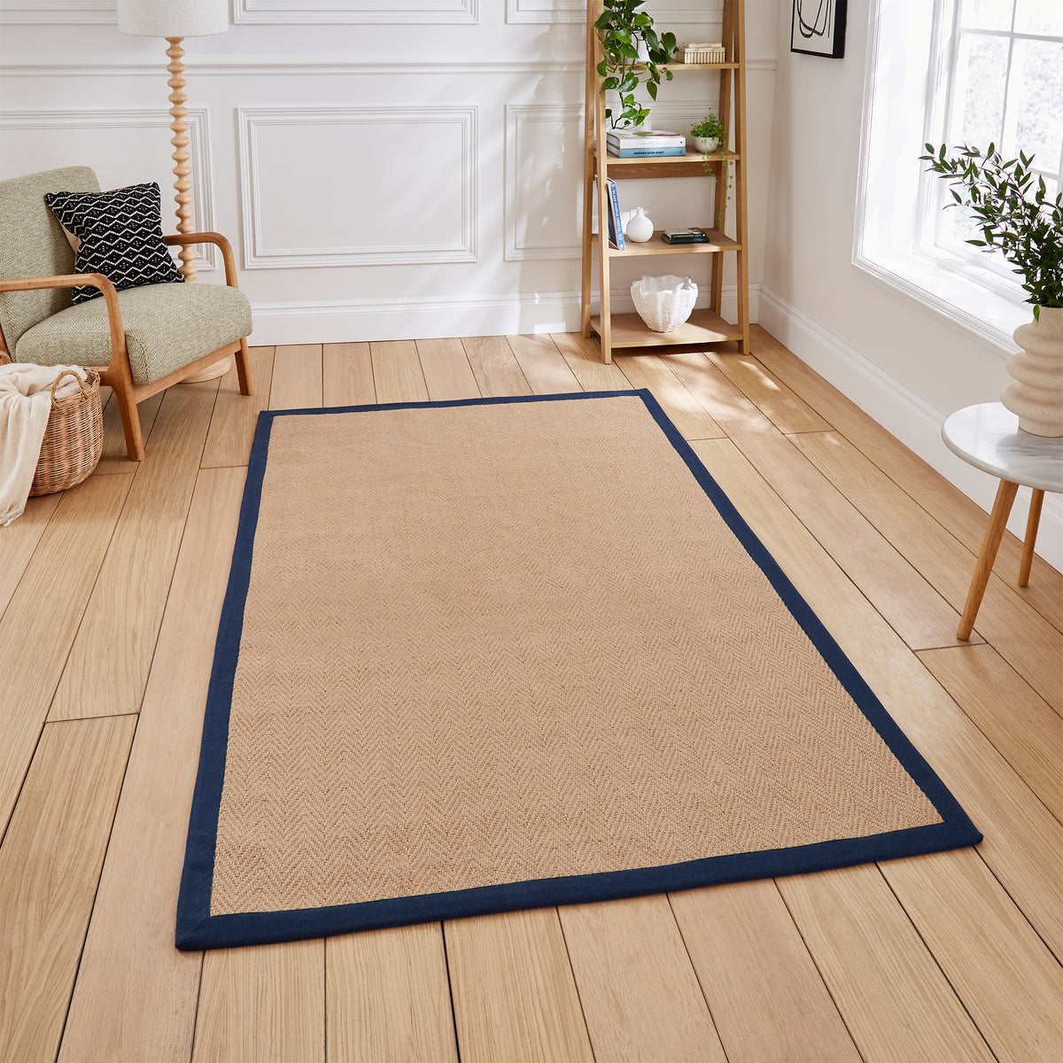 Ford Herringbone Jute Border Rug Navy from Roseland Furniture