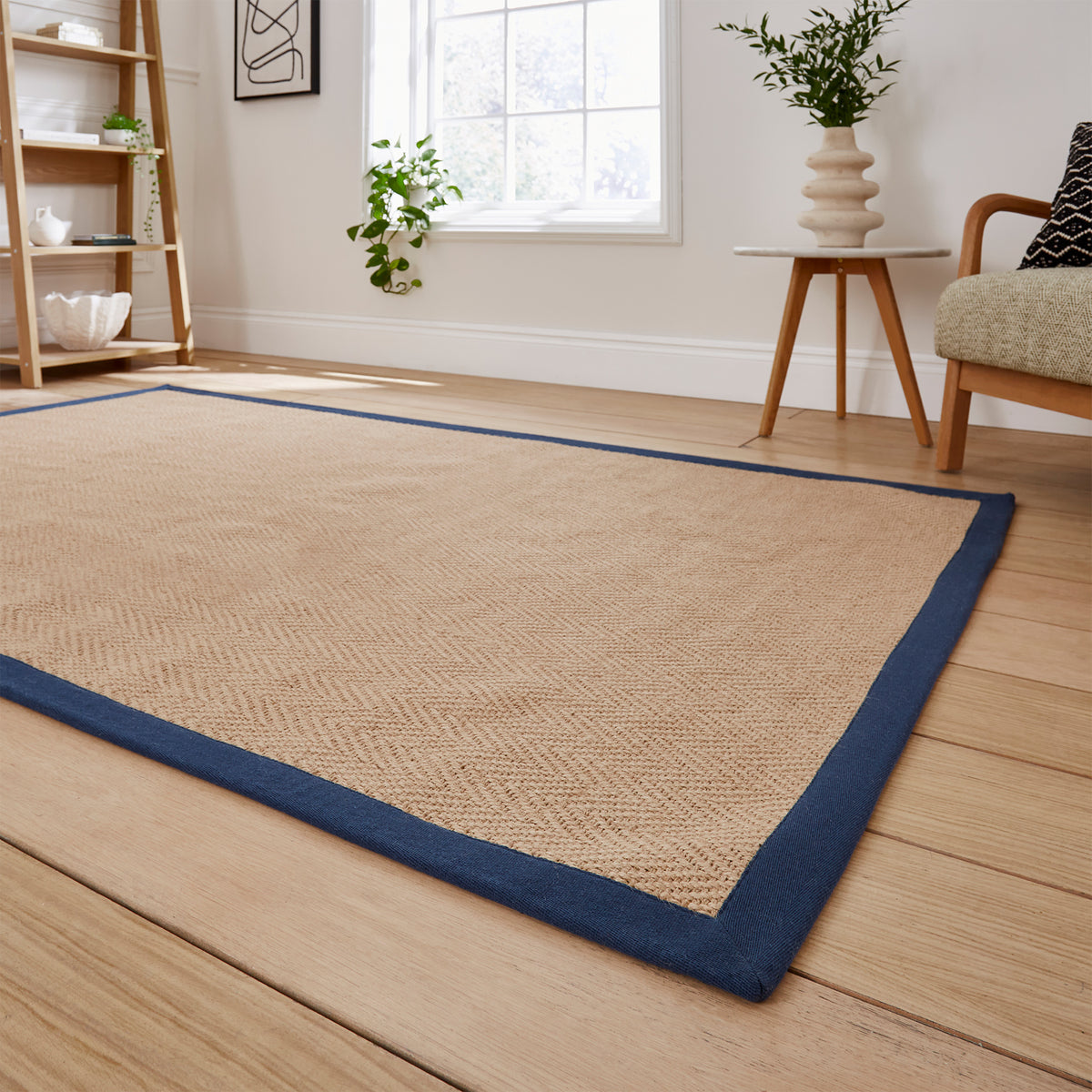 Ford Herringbone Jute Border Rug Navy from Roseland Furniture