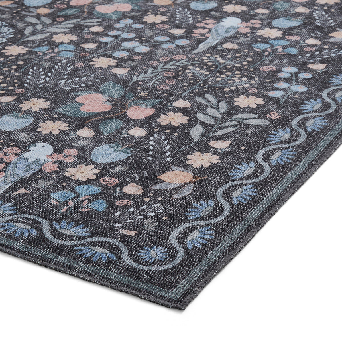 Emmie Classic Floral Print Rug Black Blue from Roseland Furniture