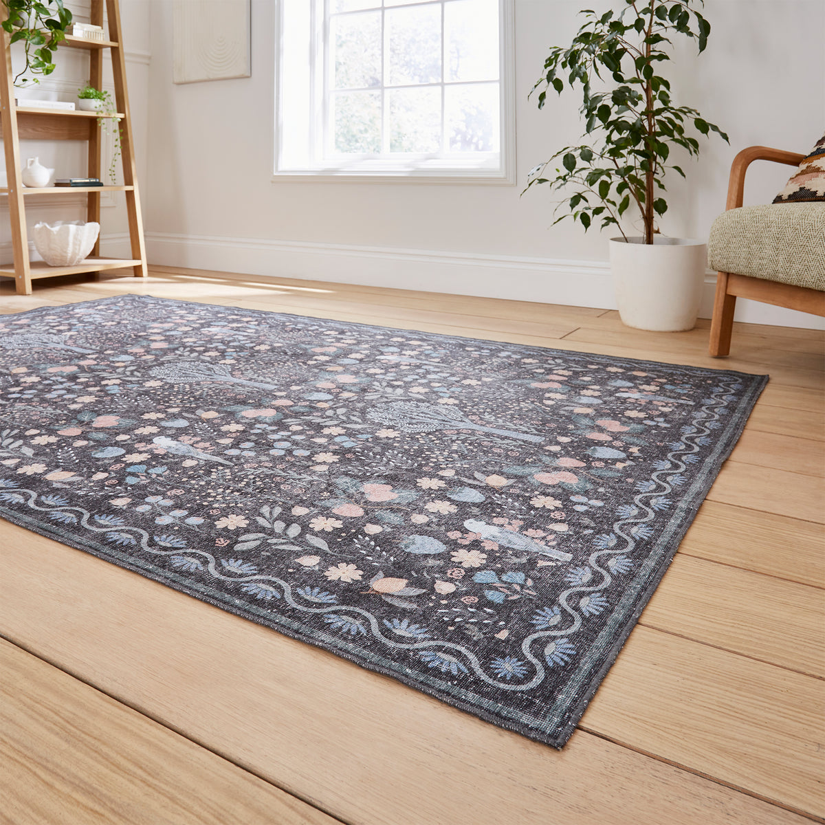 Emmie Classic Floral Print Rug Black Blue from Roseland Furniture
