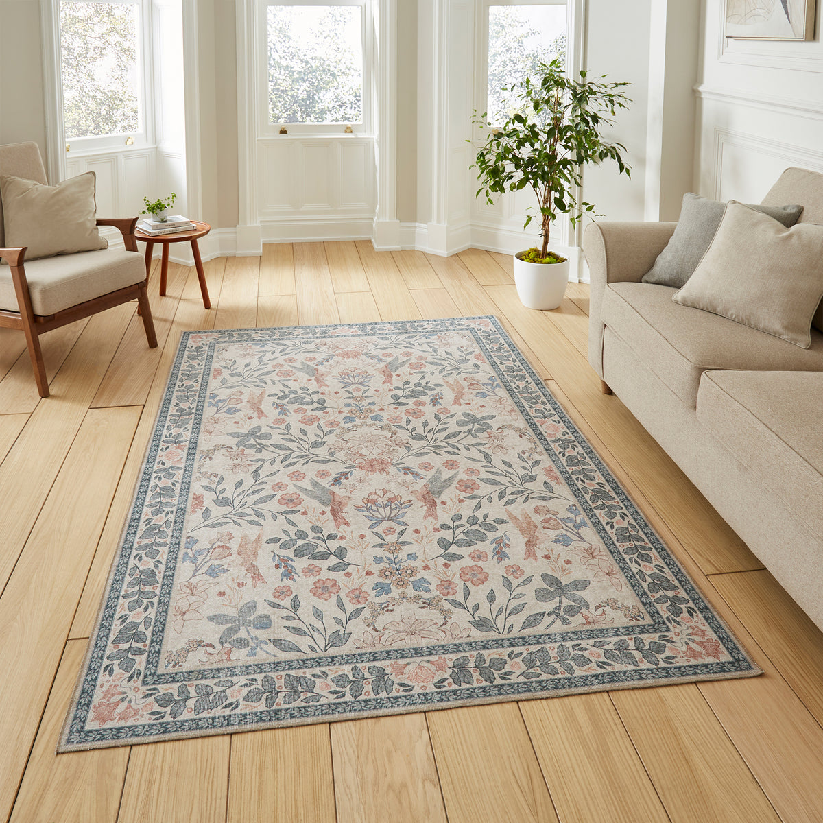 Rosa Classic Floral Print Rug Beige Blue from Roseland Furniture