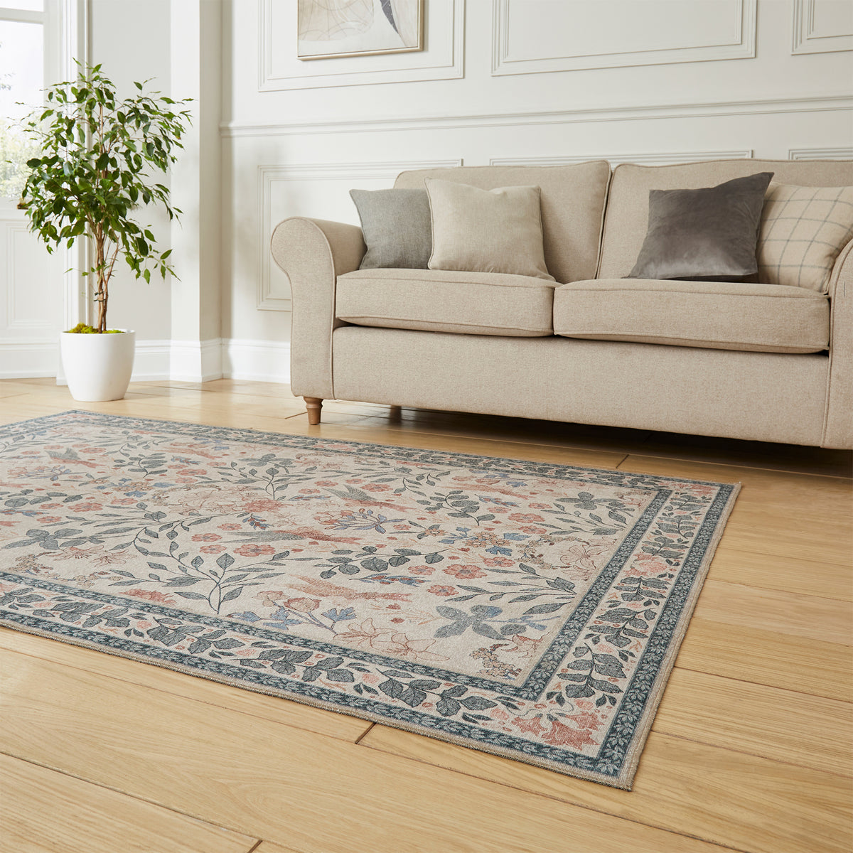 Rosa Classic Floral Print Rug Beige Blue from Roseland Furniture