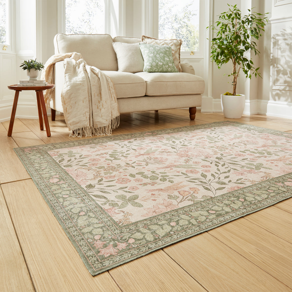 Rosa Classic Floral Print Rug Beige Green from Roseland Furniture