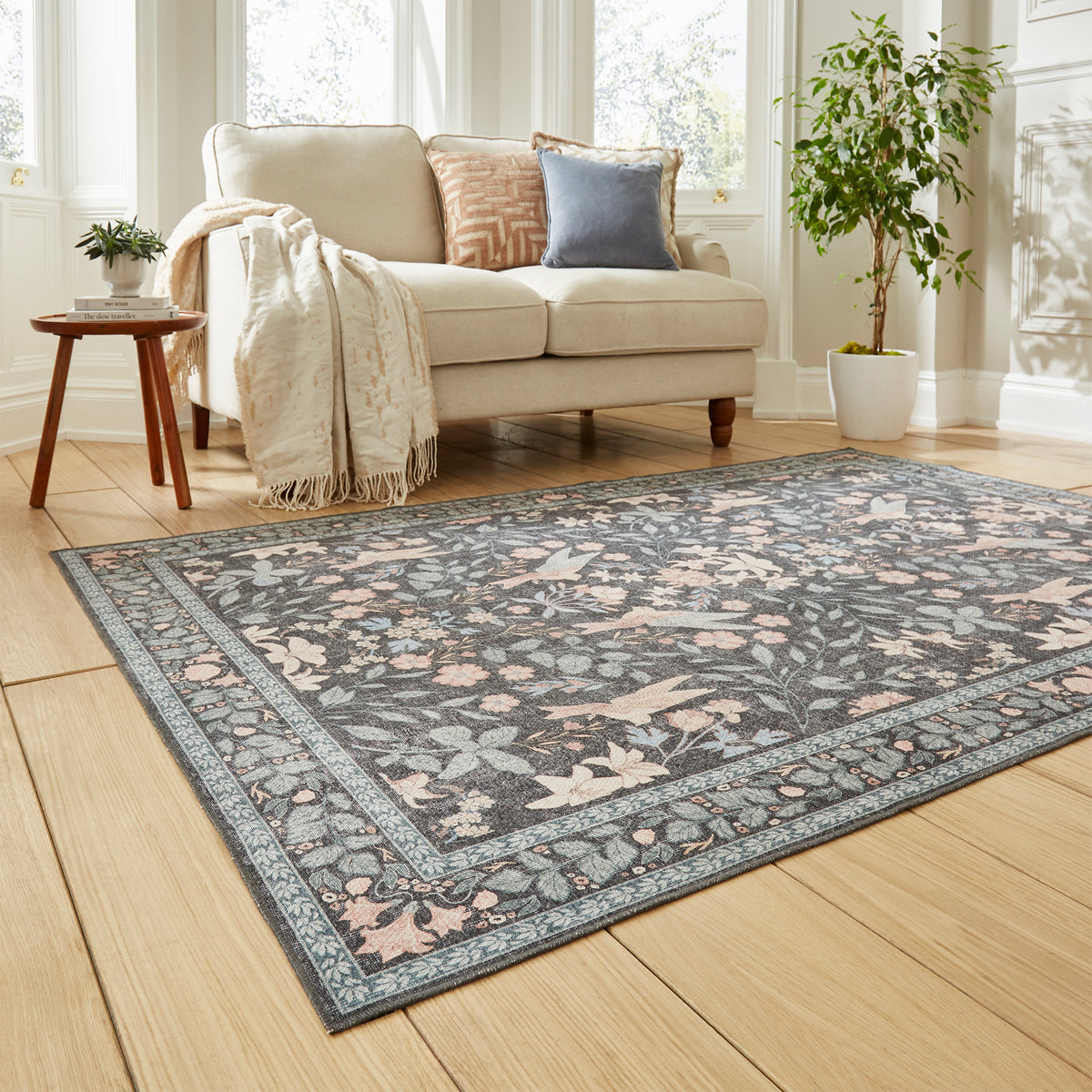 Rosa Classic Floral Print Rug Dark Blue from Roseland Furniture