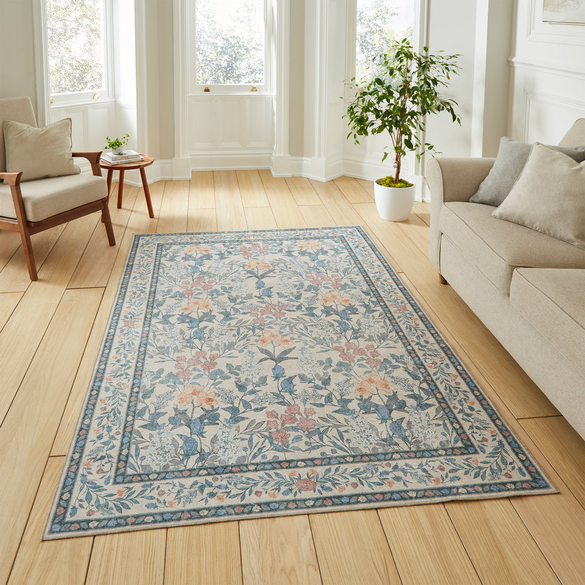 Mila Classic Floral Print Rug Beige Blue from Roseland Furniture