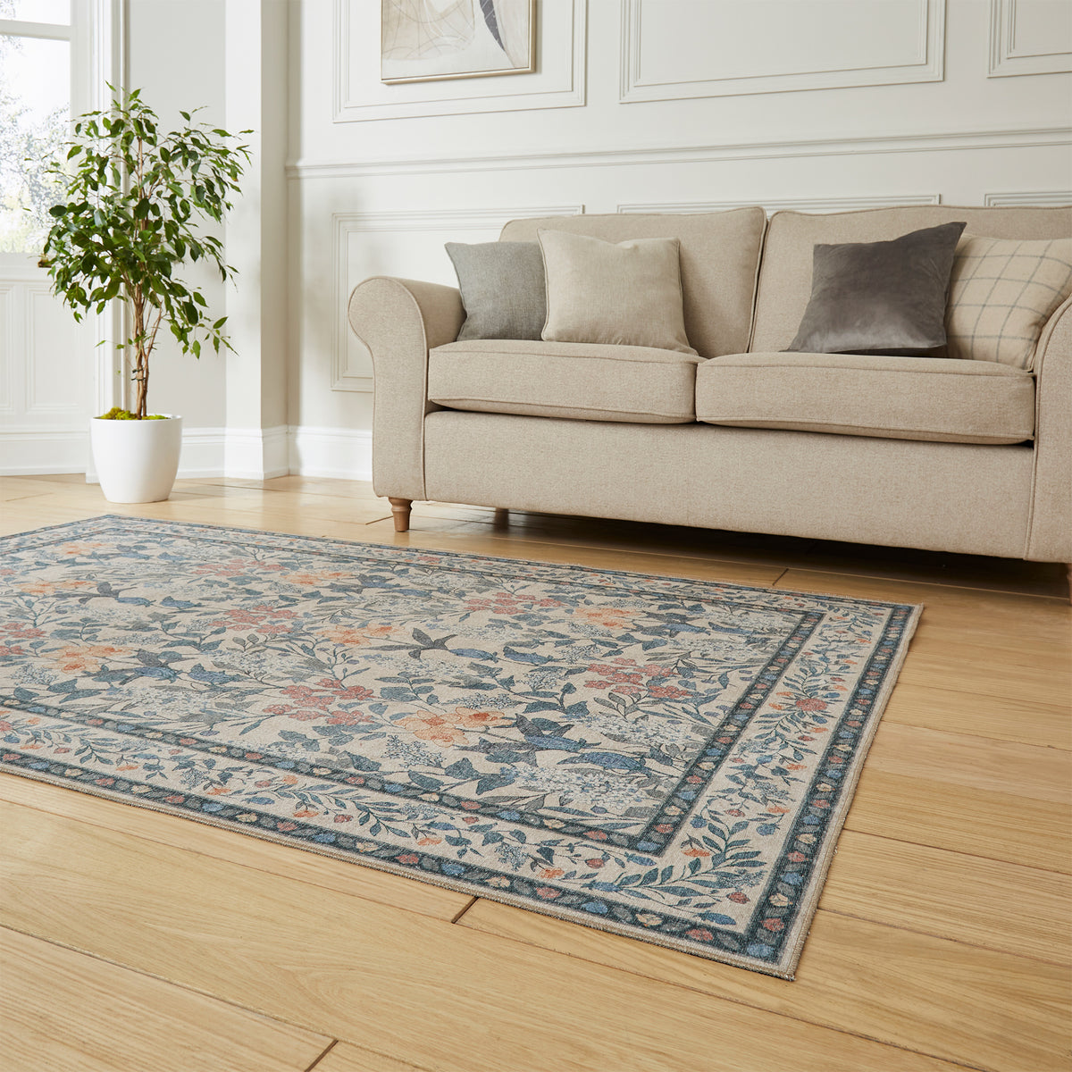 Mila Classic Floral Print Rug Beige Blue from Roseland Furniture