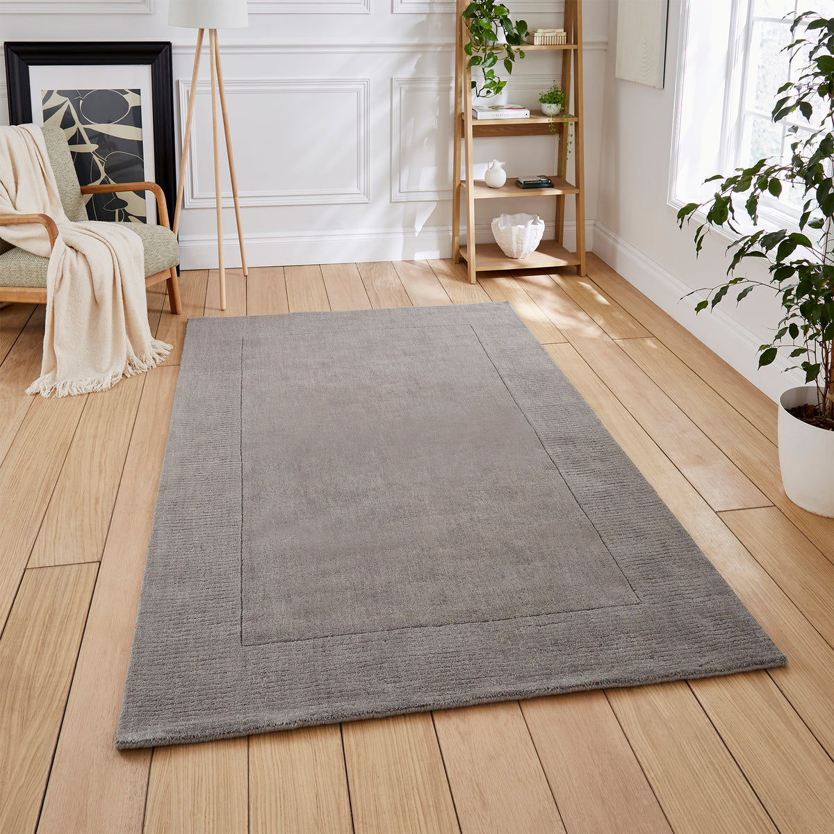 Lauder Plain Wool Border Rug Grey from Roseland Furniture