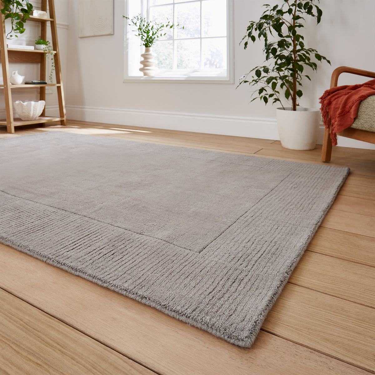 Lauder Plain Wool Border Rug Grey from Roseland Furniture
