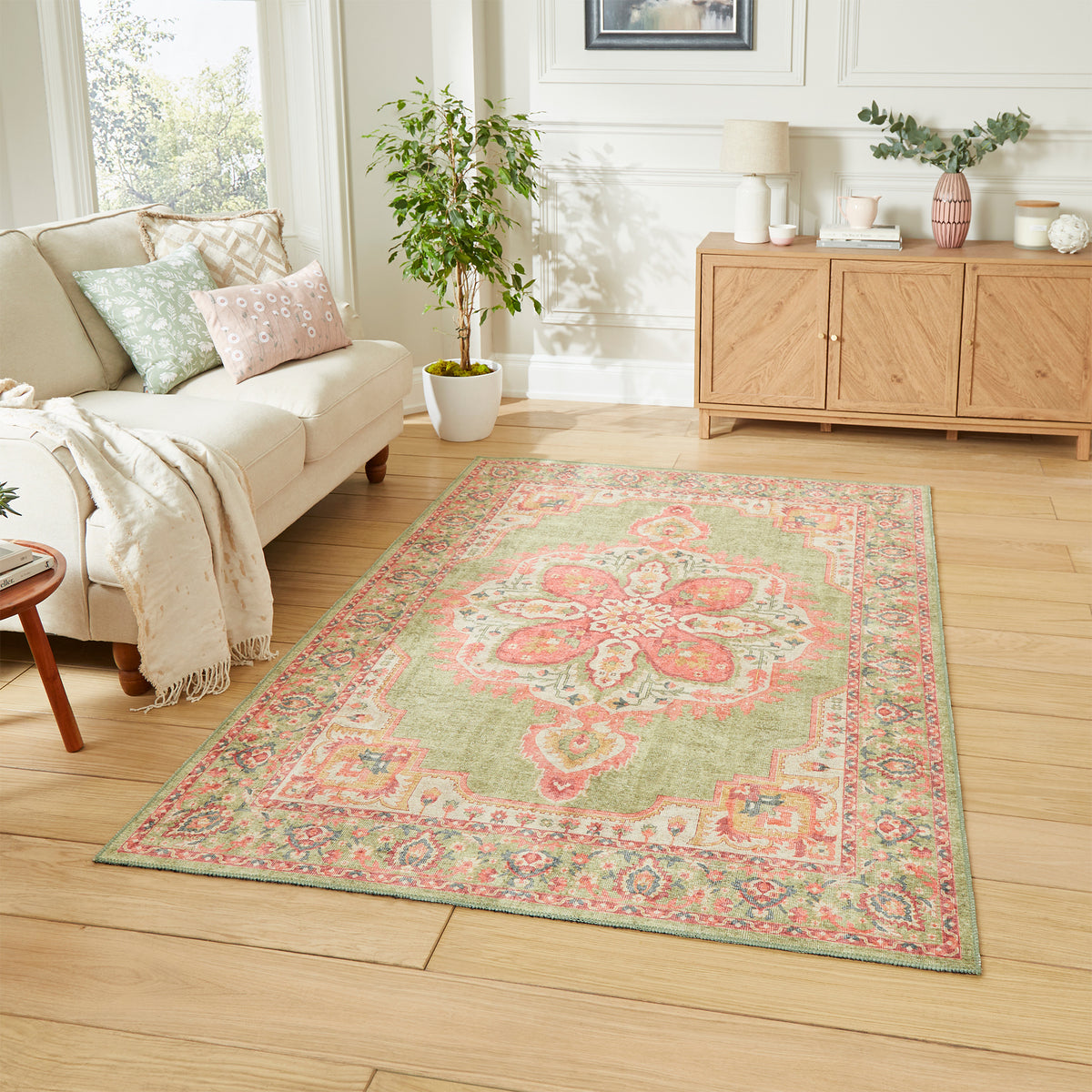 Madison Washable Vintage Inspired Rug Green Pink from Roseland Furniture
