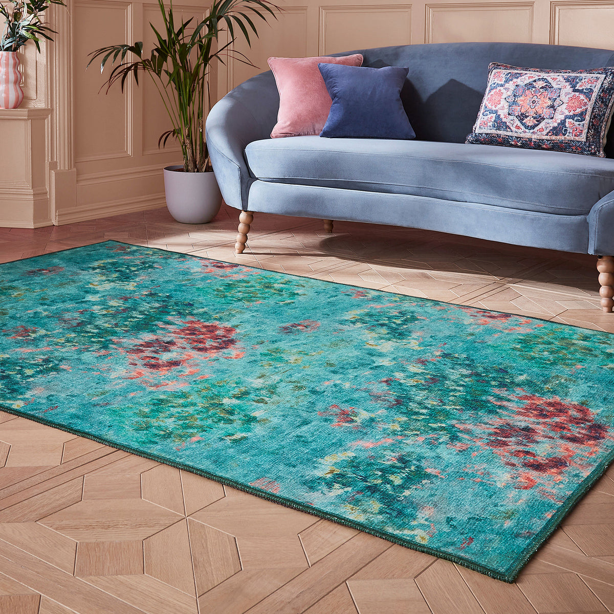 Clarke Clarke Fiore Rose Teal Washable Rug from Roseland Furniture