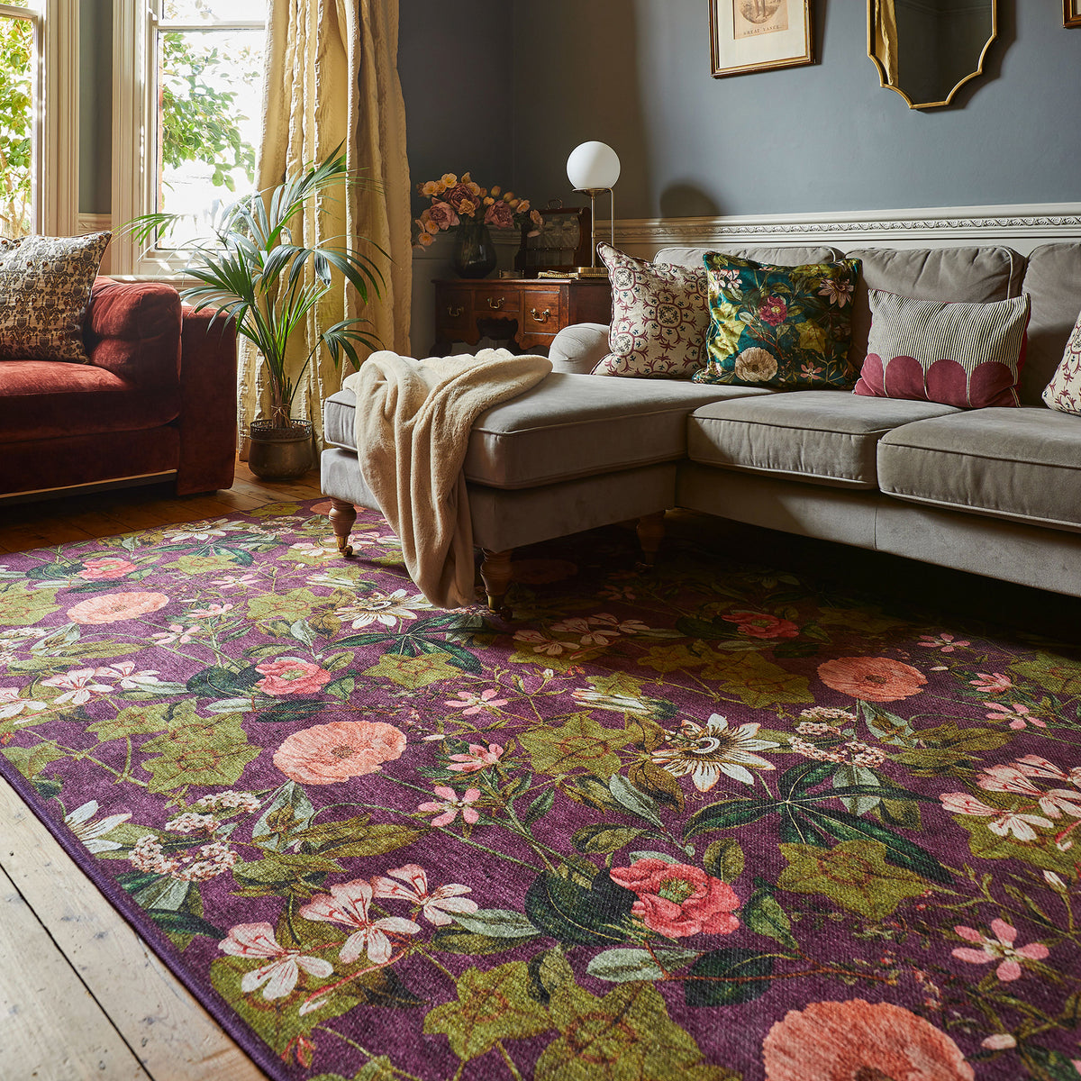 Clarke Clarke Passiflora Mulberry Washable Rug from Roseland Furniture