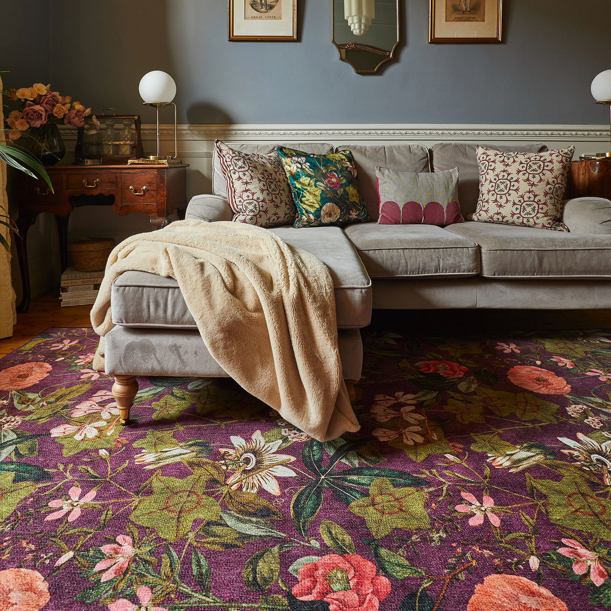 Clarke Clarke Passiflora Mulberry Washable Rug from Roseland Furniture