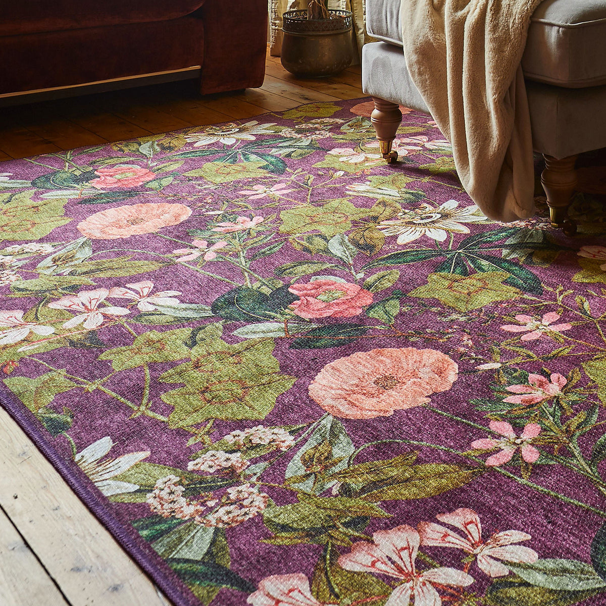 Clarke Clarke Passiflora Mulberry Washable Rug from Roseland Furniture