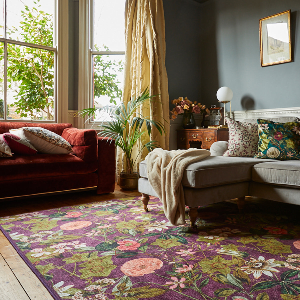 Clarke Clarke Passiflora Mulberry Washable Rug from Roseland Furniture