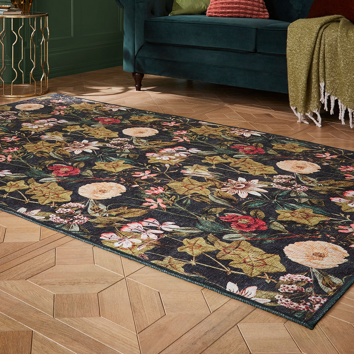 Clarke Clarke Passiflora Noir Washable Rug from Roseland Furniture