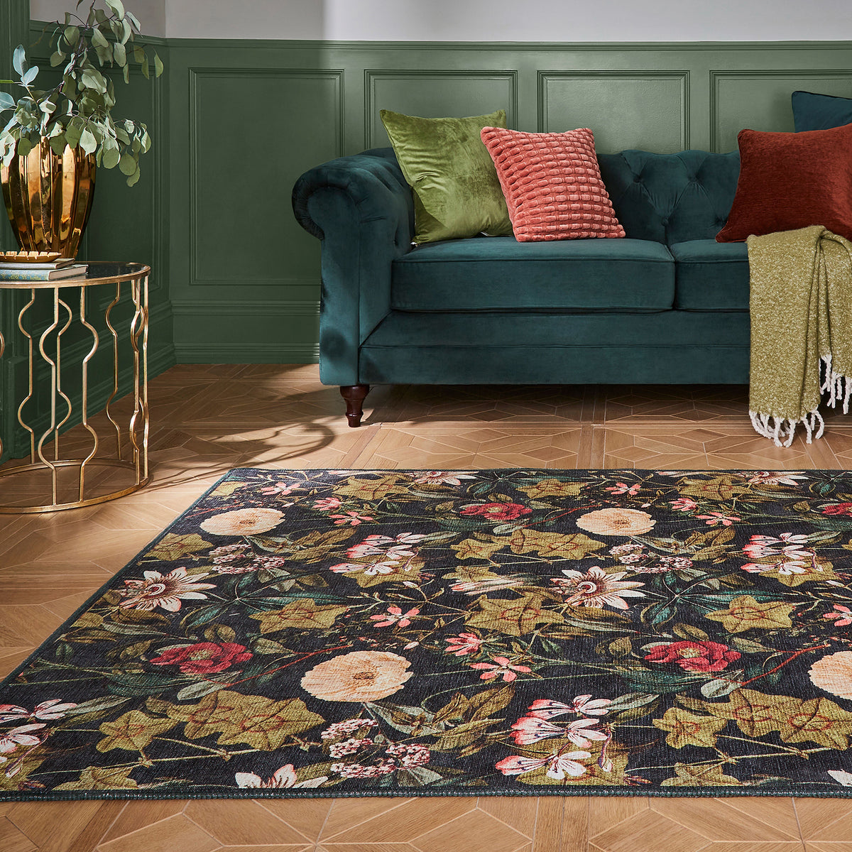 Clarke Clarke Passiflora Noir Washable Rug from Roseland Furniture
