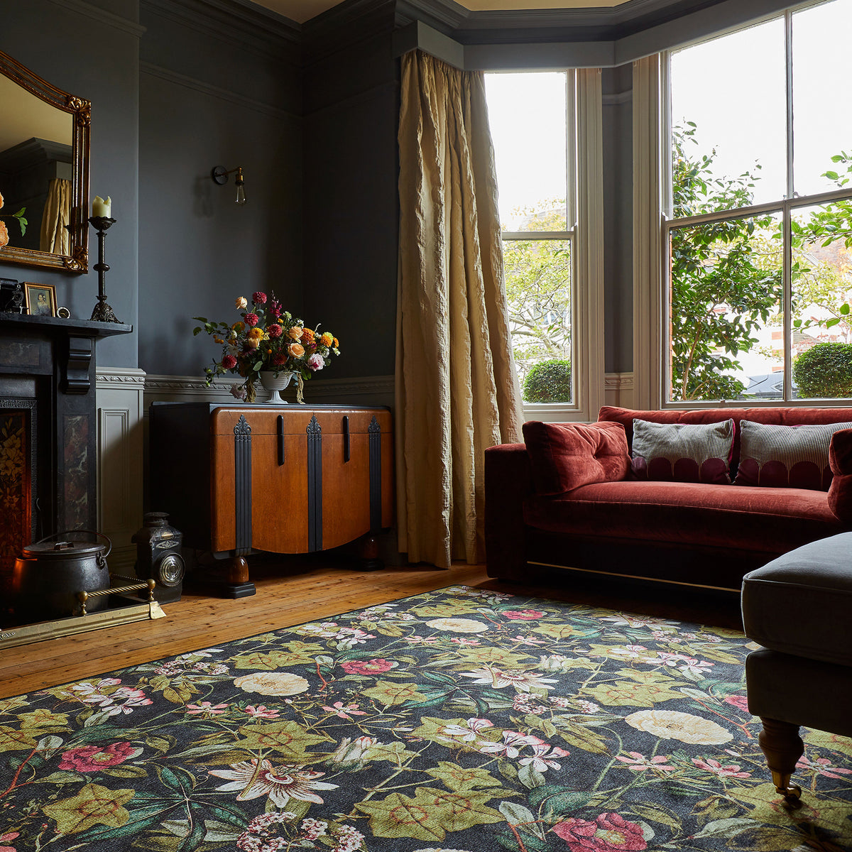 Clarke Clarke Passiflora Noir Washable Rug from Roseland Furniture