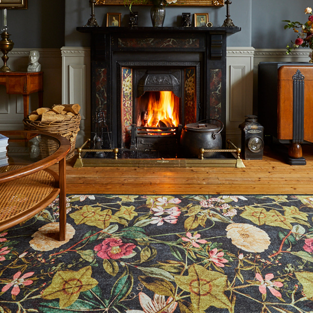 Clarke Clarke Passiflora Noir Washable Rug from Roseland Furniture
