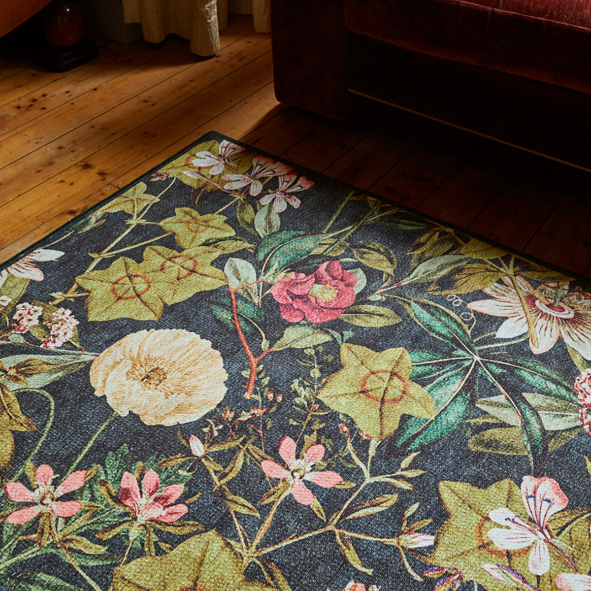 Clarke Clarke Passiflora Noir Washable Rug from Roseland Furniture