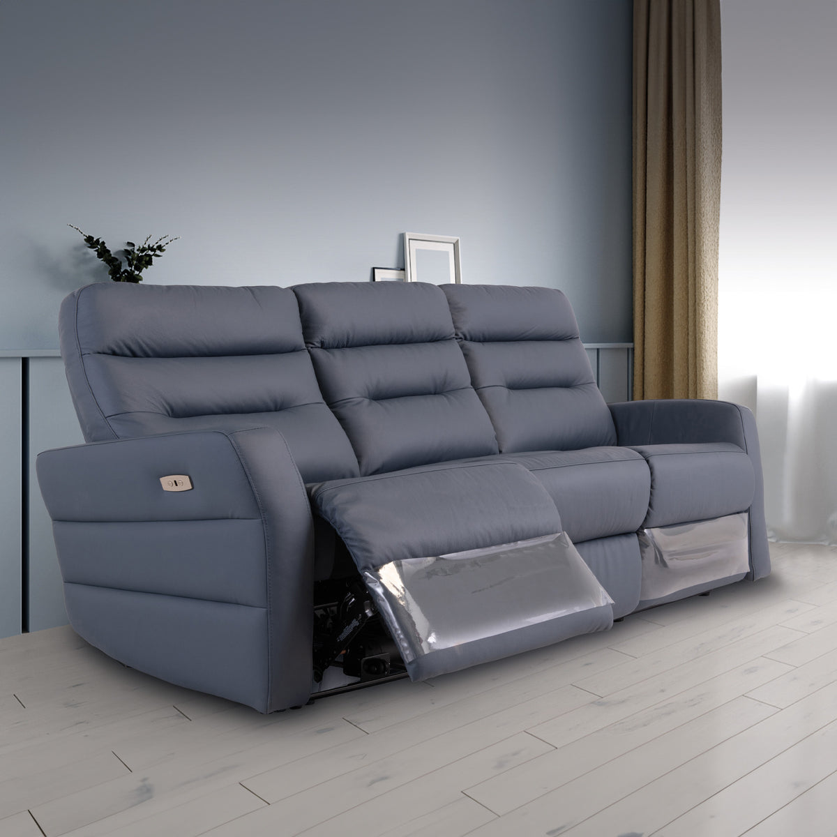 Harlem Blue Leather Electric Reclining 3 Seater Sofa for living room