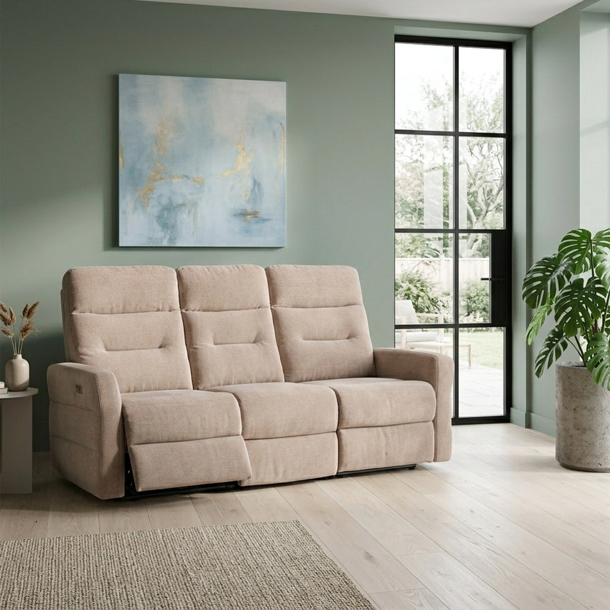 Dalton Mink Fabric Electric Reclining 3 Seater Sofa by Roseland Furniture