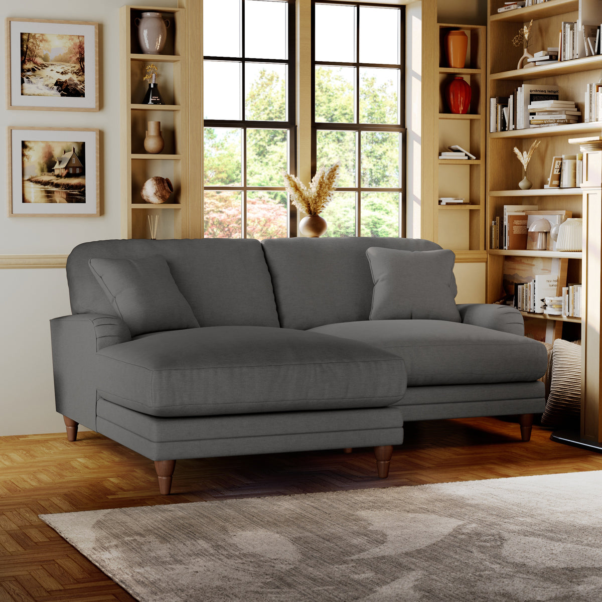Bampton 3 Seater Chaise Sofa LH Charcoal Beech Feet from Roseland Furniture