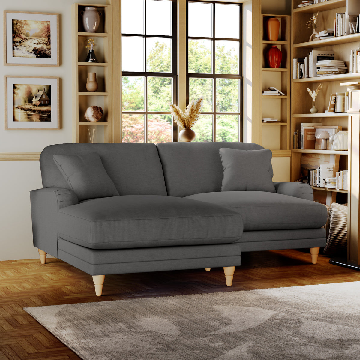 Bampton 3 Seater Chaise Sofa LH Charcoal Oak Feet from Roseland Furniture