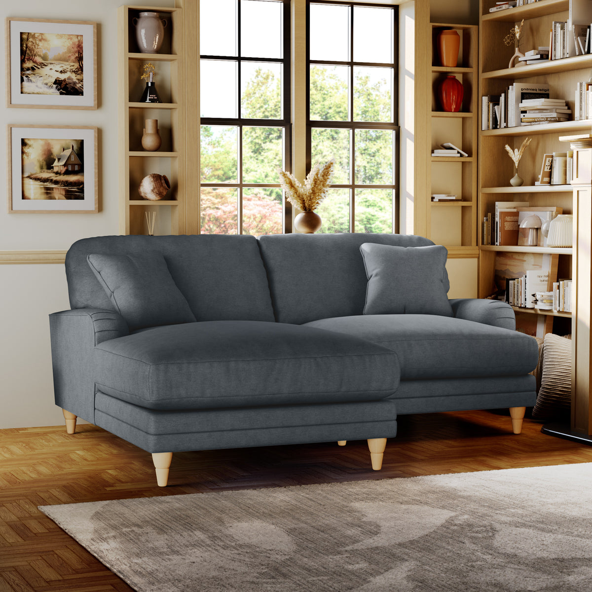 Bampton 3 Seater Chaise Sofa LH Granite Oak Feet from Roseland Furniture