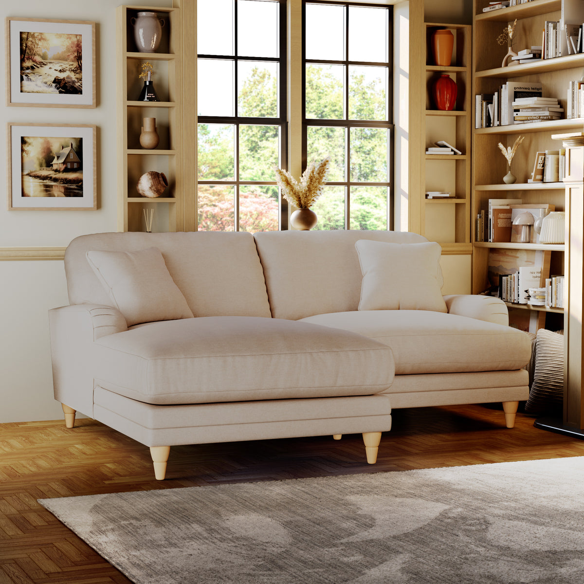 Bampton 3 Seater Chaise Sofa LH Cream Oak Feet from Roseland Furniture