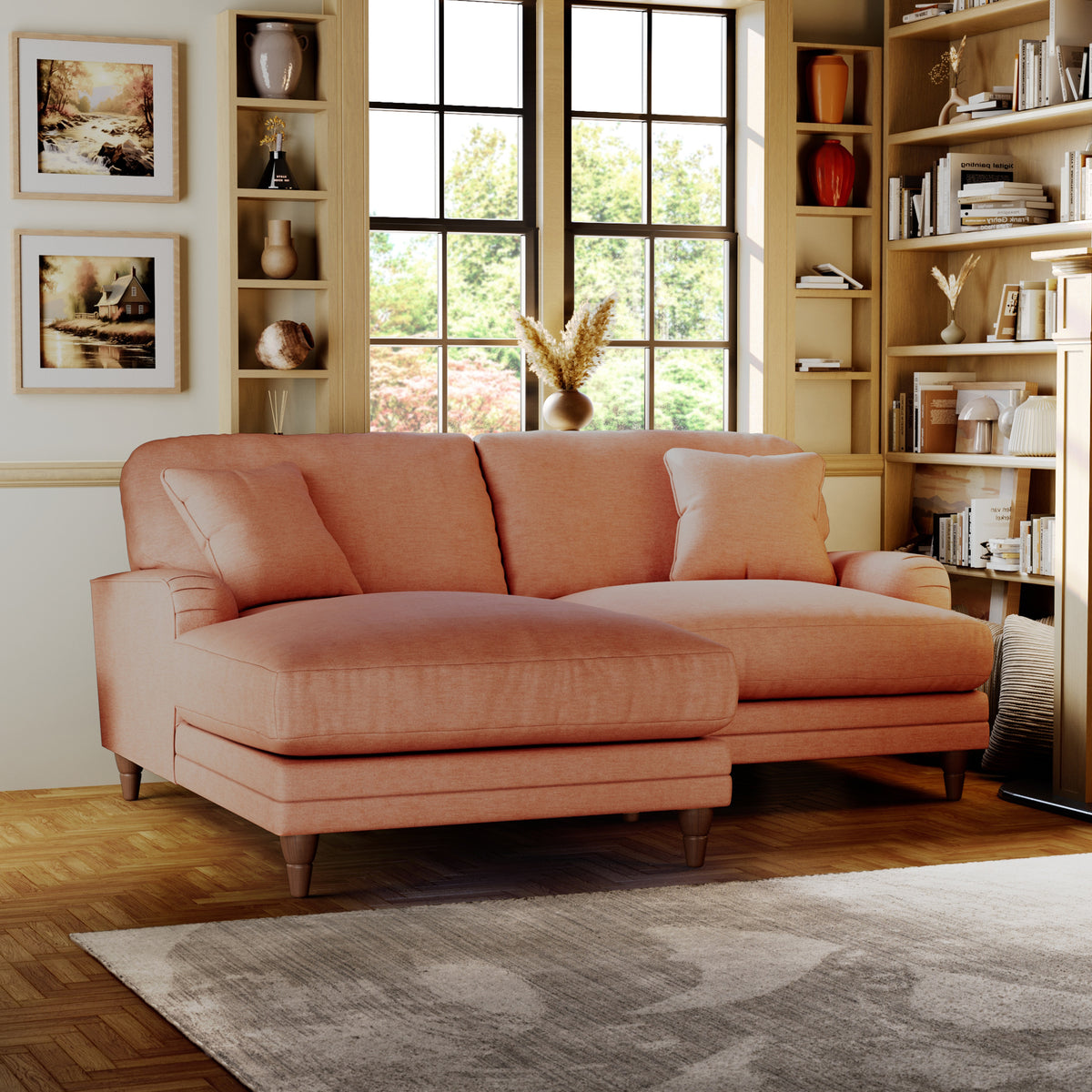Bampton 3 Seater Chaise Sofa LH Salmon Beech Feet from Roseland Furniture